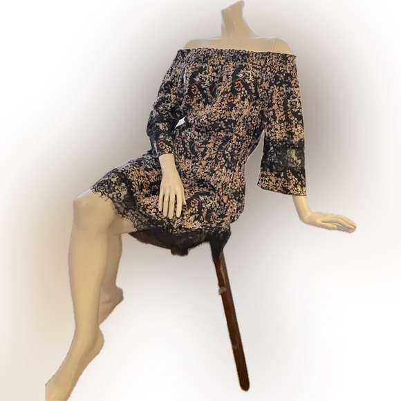 Silky Black Floral Dress, Lace Detail, On/Off Shoulder, 3/4 Sleeves, Sz Med, EUC - Picture 2 of 12